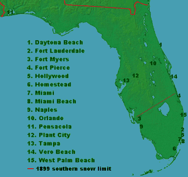 Florida Cities reporting snow, Jan/77