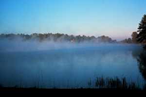 Steam fog rises from a warm lake surface