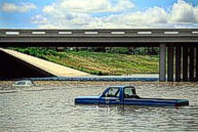 Truck stuck in flood waters