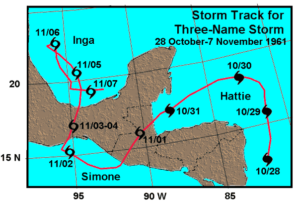 Track of Hurricane Hattie-Simone-Inga