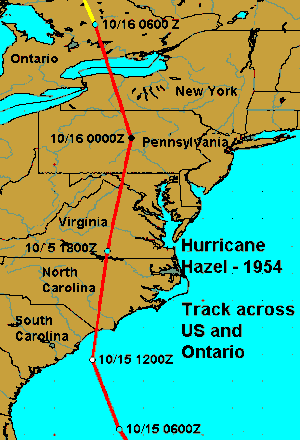Hurricane Hazel track across US and Canada