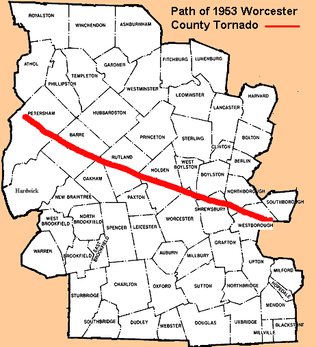 Tornado Path across Worcester County, MA